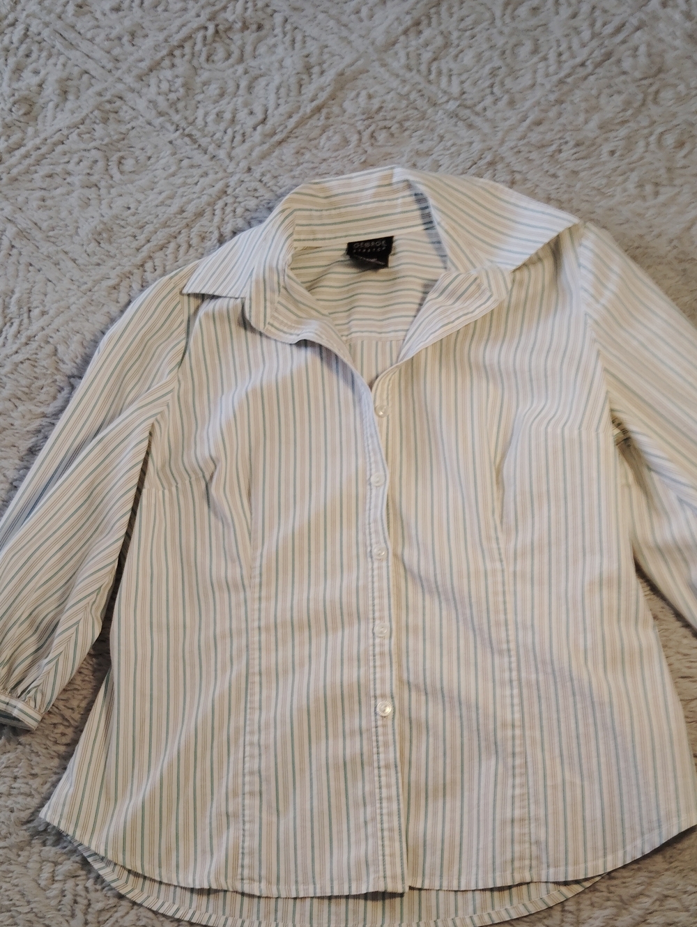 White Button-Up Blouse with Blue & Green Stripes